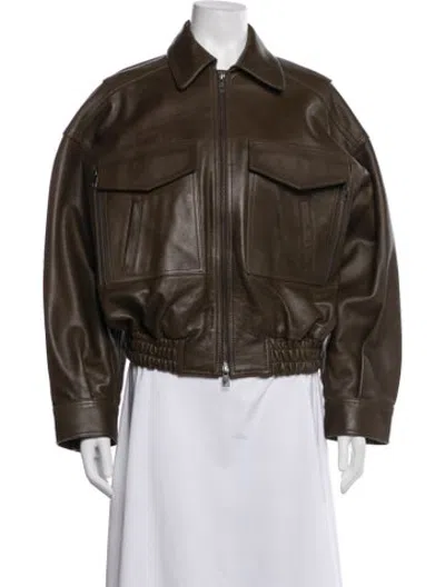 Pre-owned Staud Calf Leather Bomber Jacket In Brown