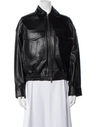 Pre-owned Staud Calf Leather Bomber Jacket W/ Tags In Black