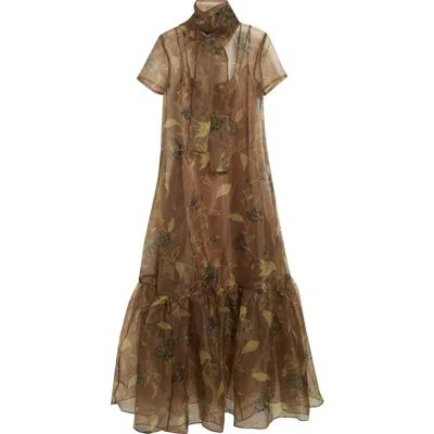 Staud Calluna Floral Chiffon Dress In Brown