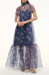 Staud Calluna Ruffled Organza Maxi Dress In Botanical Navy