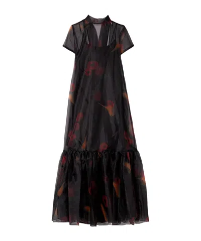 Staud Calluna Tie-neck Tiered Printed Organza Maxi Dress In Black