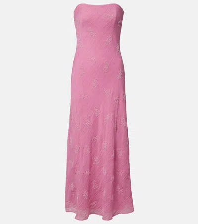 Staud Cassie Strapless Bead-embellished Crinkled Modal-blend Organza Maxi Dress In Pink