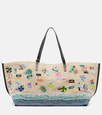 Staud Christos Large Beaded Canvas Tote Bag In Multi