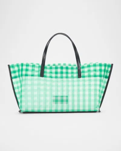 Staud Christos Mini Plaid Mesh Tote Bag In Jade Gingham