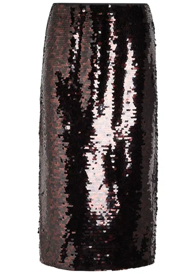Staud Ciara Sequin-embellished Midi Skirt In Brown