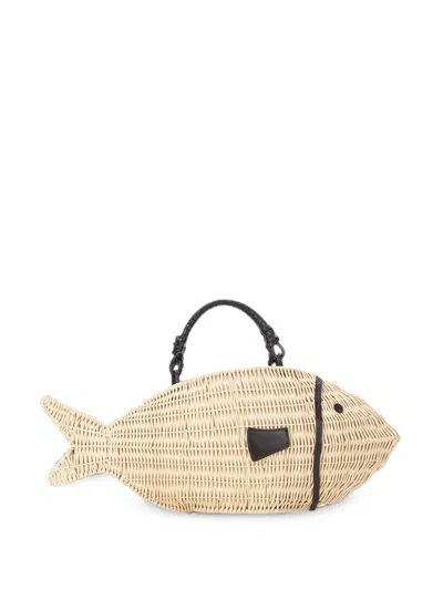 Staud Cleo Wicker Fish Top Handle Bag In Brown