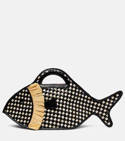 Staud Tote Cleo Aus Leder Und Raffiabast In Black