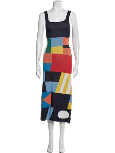 Pre-owned Staud Colorblock Pattern Midi Length Dress In Blue