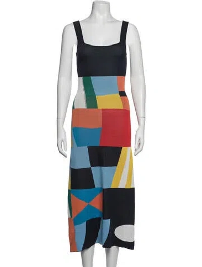 Pre-owned Staud Colorblock Pattern Midi Length Dress In Blue