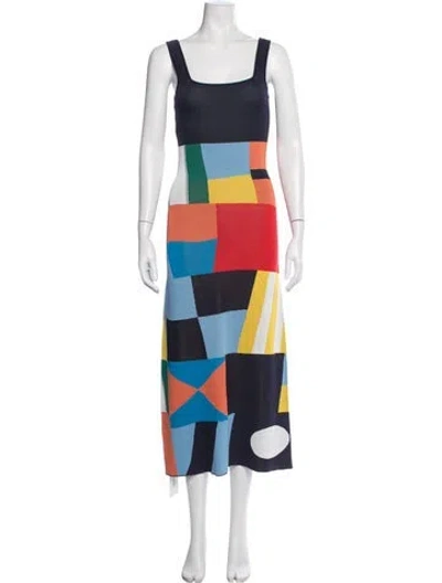 Pre-owned Staud Colorblock Pattern Midi Length Dress In Blue