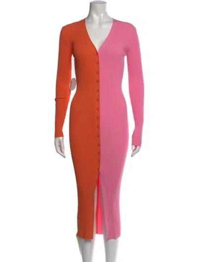 Pre-owned Staud Colorblock Pattern Midi Length Dress W/ Tags In Orange/pink