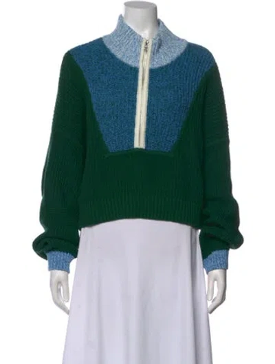 Pre-owned Staud Colorblock Pattern Mock Neck Sweater In Green