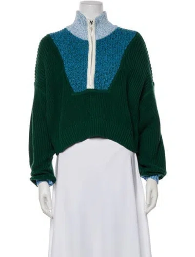 Pre-owned Staud Colorblock Pattern Mock Neck Sweater In Green