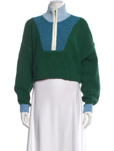 Pre-owned Staud Colorblock Pattern Mock Neck Sweater In Green