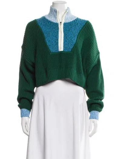 Pre-owned Staud Colorblock Pattern Mock Neck Sweater In Green