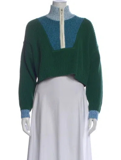 Pre-owned Staud Colorblock Pattern Mock Neck Sweater In Green