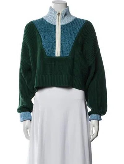 Pre-owned Staud Colorblock Pattern Mock Neck Sweater In Green