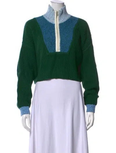 Pre-owned Staud Colorblock Pattern Mock Neck Sweater In Green
