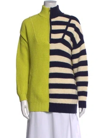 Pre-owned Staud Colorblock Pattern Mock Neck Sweater In Green