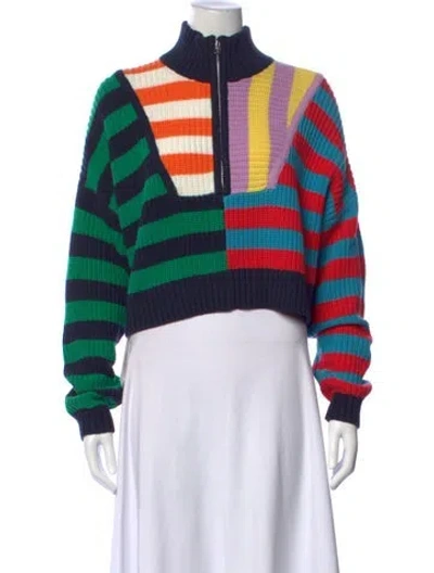 Pre-owned Staud Colorblock Pattern Mock Neck Sweater W/ Tags In Blue