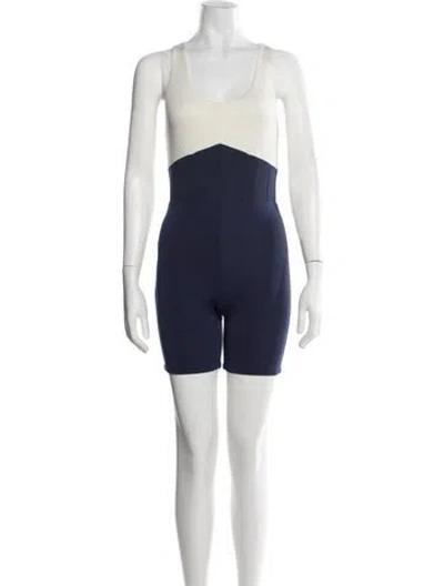 Pre-owned Staud Colorblock Pattern Scoop Neck Romper In Blue