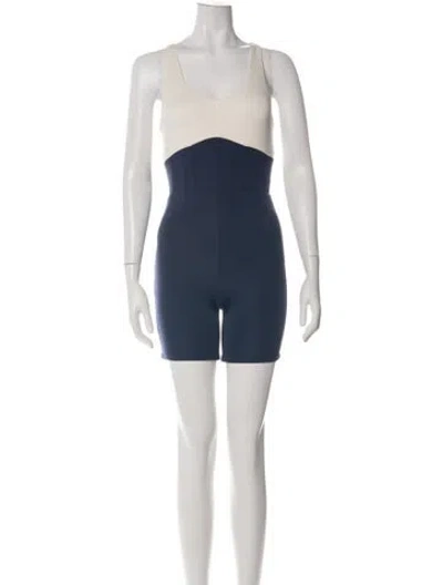 Pre-owned Staud Colorblock Pattern Scoop Neck Romper W/ Tags In Blue