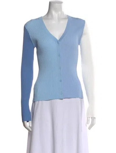 Pre-owned Staud Colorblock Pattern V-neck Button-up Top In Blue