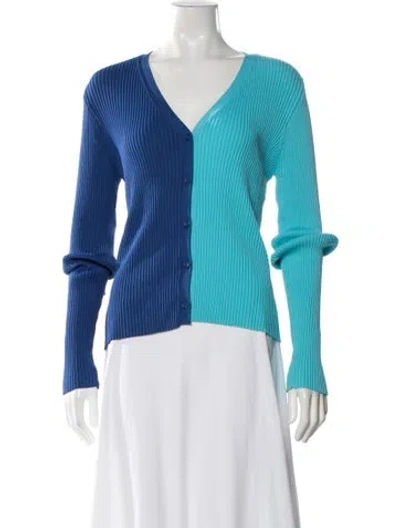 Pre-owned Staud Colorblock Pattern V-neck Button-up Top In Blue