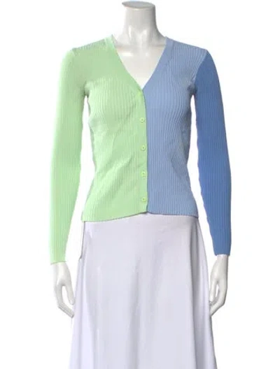 Pre-owned Staud Colorblock Pattern V-neck Button-up Top In Blue