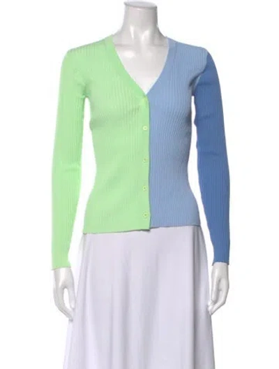 Pre-owned Staud Colorblock Pattern V-neck Button-up Top In Blue