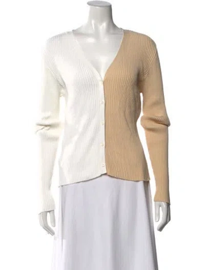Pre-owned Staud Colorblock Pattern V-neck Button-up Top In Neutral