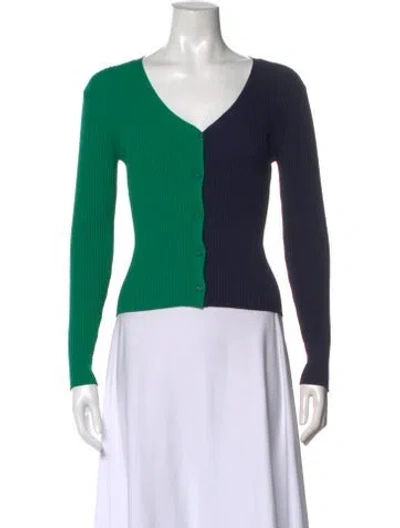 Pre-owned Staud Colorblock Pattern V-neck Button-up Top W/ Tags In Green