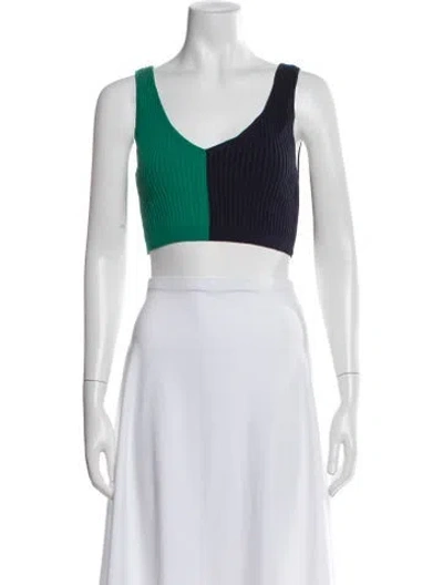 Pre-owned Staud Colorblock Pattern V-neck Crop Top In Blue/green