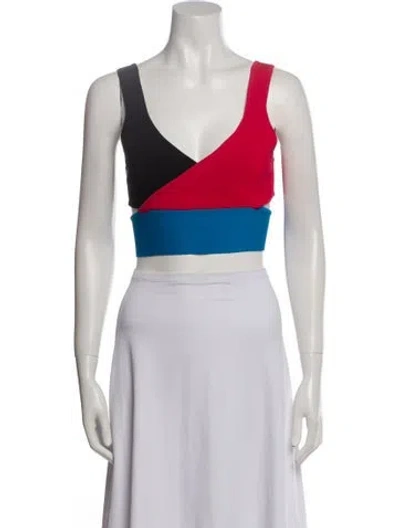 Pre-owned Staud Colorblock Pattern V-neck Crop Top In Red