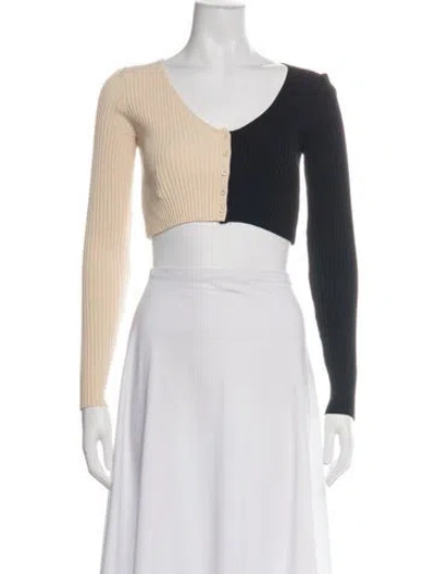 Pre-owned Staud Colorblock Pattern V-neck Crop Top In White