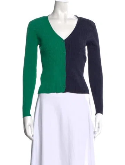 Pre-owned Staud Colorblock Pattern V-neck Sweater In Green