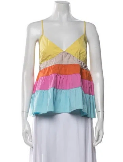 Pre-owned Staud Colorblock Pattern V-neck Top In Blue