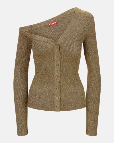 Staud Craftsman Asymmetric Metallic Cardigan In Metallic Gold