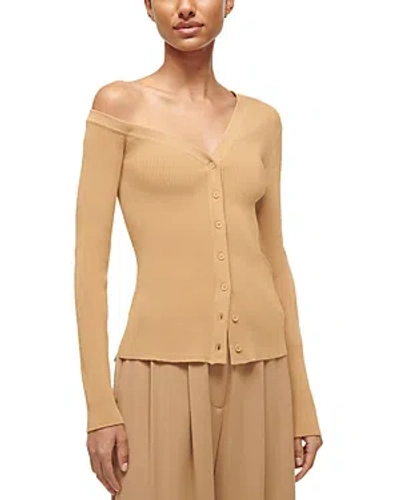 Staud Craftsman One Shoulder Ribbed Cardigan In Camel