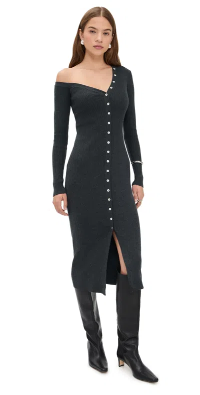 Staud Craftsman Off-the-shoulder Ribbed Cotton And Wool-blend Midi Dress In Gray