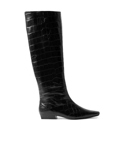 Staud Wally Croc-effect Leather Knee Boots In Black