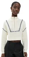 Staud Hampton Cropped Embroidered Ribbed Cotton-blend Sweater In Ivory/navy