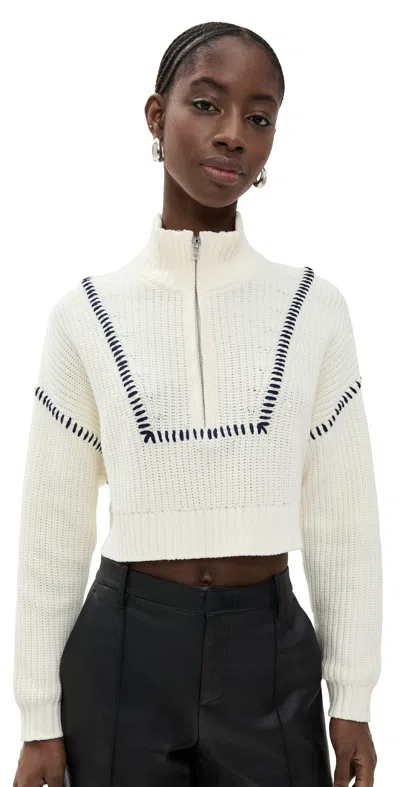 Staud Hampton Cropped Embroidered Ribbed Cotton-blend Sweater In Ivory/navy