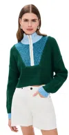 Staud Cropped Hampton Sweater In Jungle Sky Ivory In Green