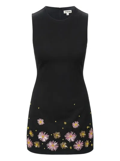 Staud Dahlia Beaded-flower Sleeveless Mini Dress In Black