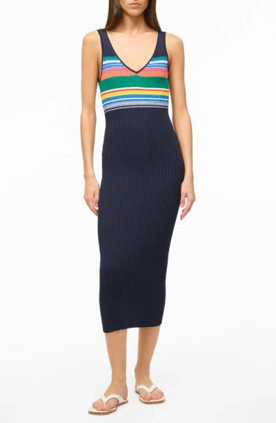 Staud Dana Stripe Midi Jumper Dress In Navy Multi