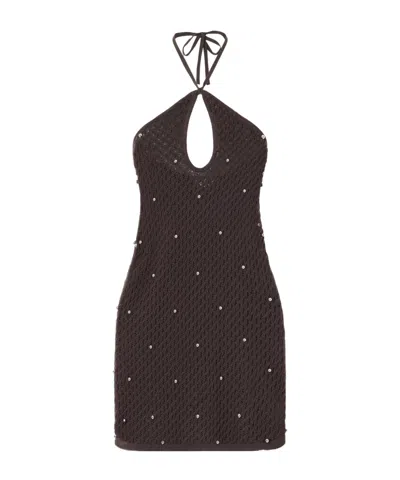 Staud Dark Brown Crochet Mini Dress In Black