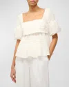 Staud Darla Pintuck Cotton Square-neck Puff-sleeve Top In Ivory