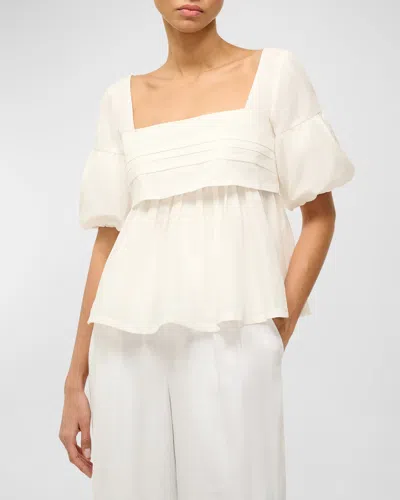 Staud Darla Pintuck Cotton Square-neck Puff-sleeve Top In Ivory