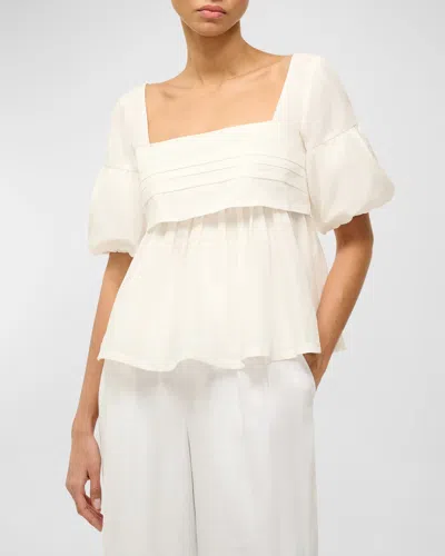 Staud Darla Pintuck Cotton Square-neck Puff-sleeve Top In Ivy Ivory